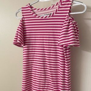 Pink and White Striped Cold Shoulder Dress with ruffles at the bottom.